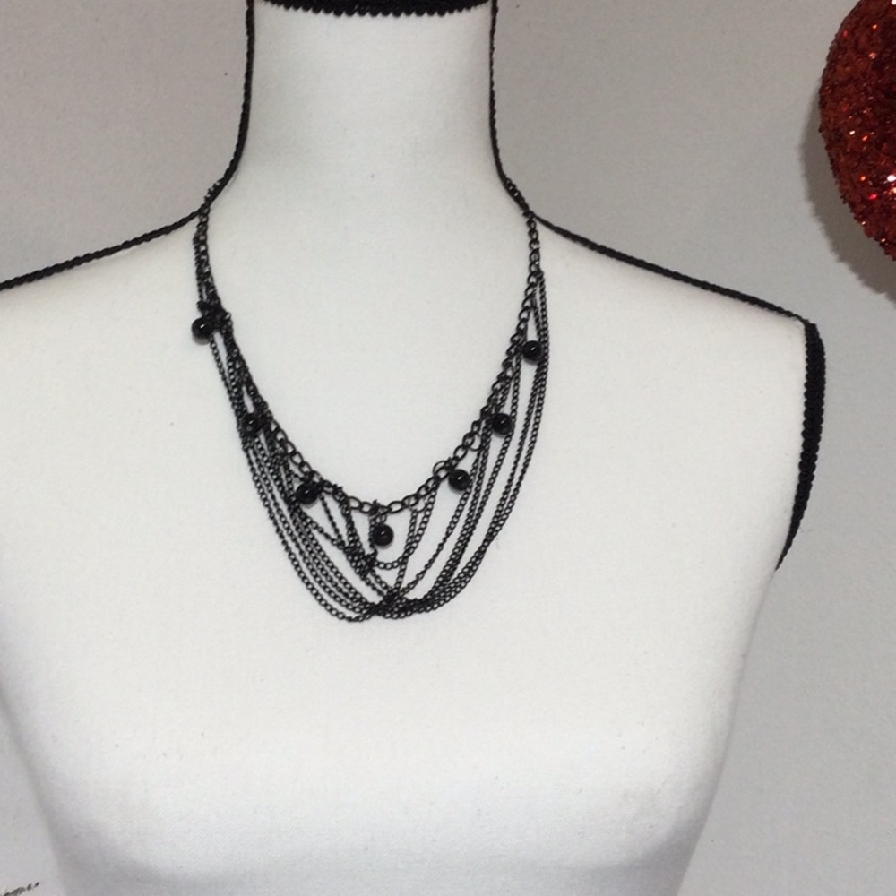 Black Multi-chain Beaded Necklace